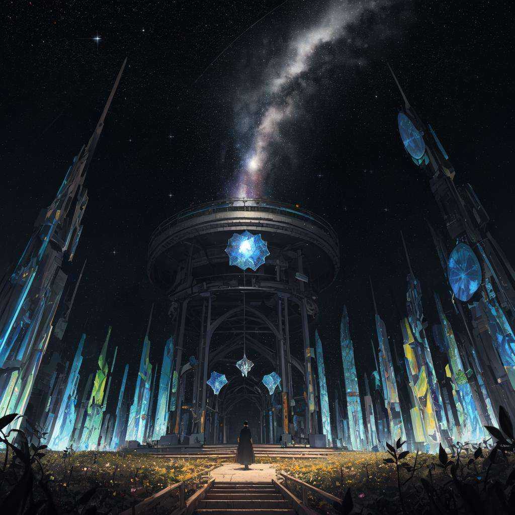 masterpiece,best quality,asterpiece,beautiful,extremely detailed CG unity 8k wallpaper,surrounded by stars and planets and vines in the foreground,Multi-dimensional paper-cut art,Colored crystal,godlike entity made of crystal shards,The universe, the stars,hdr,neon lights, reflections, super detailed, realistic, hdr,The final result is a stunning illustration of a surreal world with a focus on intricate details and colors