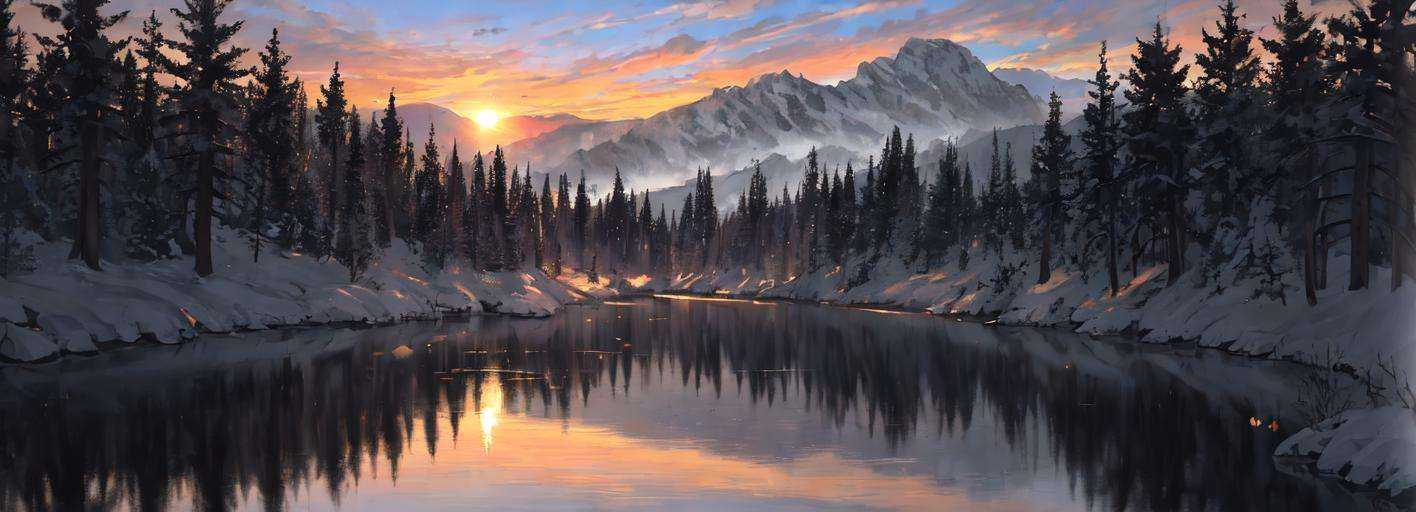 The sun is setting in the sky,casting a warm glow over the lake and mountains. Trees stand tall on either side of the riverbank,their branches swaying gently as if dancing to music. Clouds float across the sky like snowflakes,adding an enchanting touch to this beautiful scene. In the distance,there are some trees with leaves that change colors depending on time or weather conditions. They seem to be singing a song together,creating a serene atmosphere. This picturesque scenery is worth exploring,and it will make you feel relaxed and happy.++++++++++++++++++++++++++++++++++++++++++++++++++++++++,