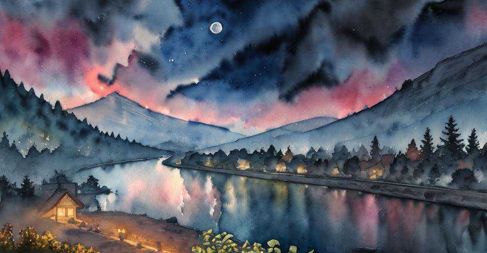 masterpiece,best quality,asterpiece,beautiful,extremely detailed CG unity 8k wallpaper,Night,(((watercolor))),Mountains and rivers,Star Moon,