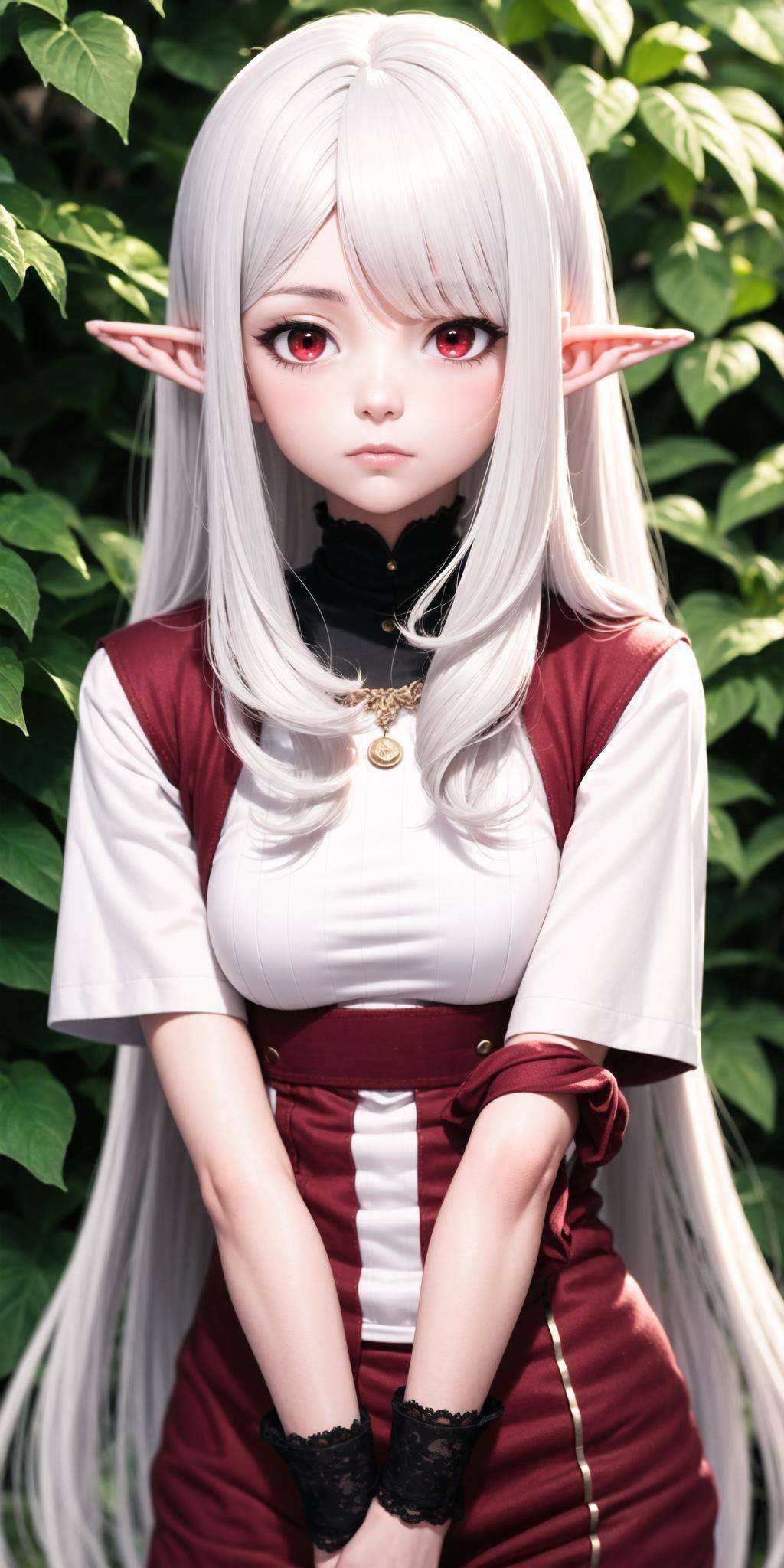 (masterpiece:1), (best quality:1), 1girl, upper body, long hair, (white hair, red eyes:1.2), oversized clothes, elf