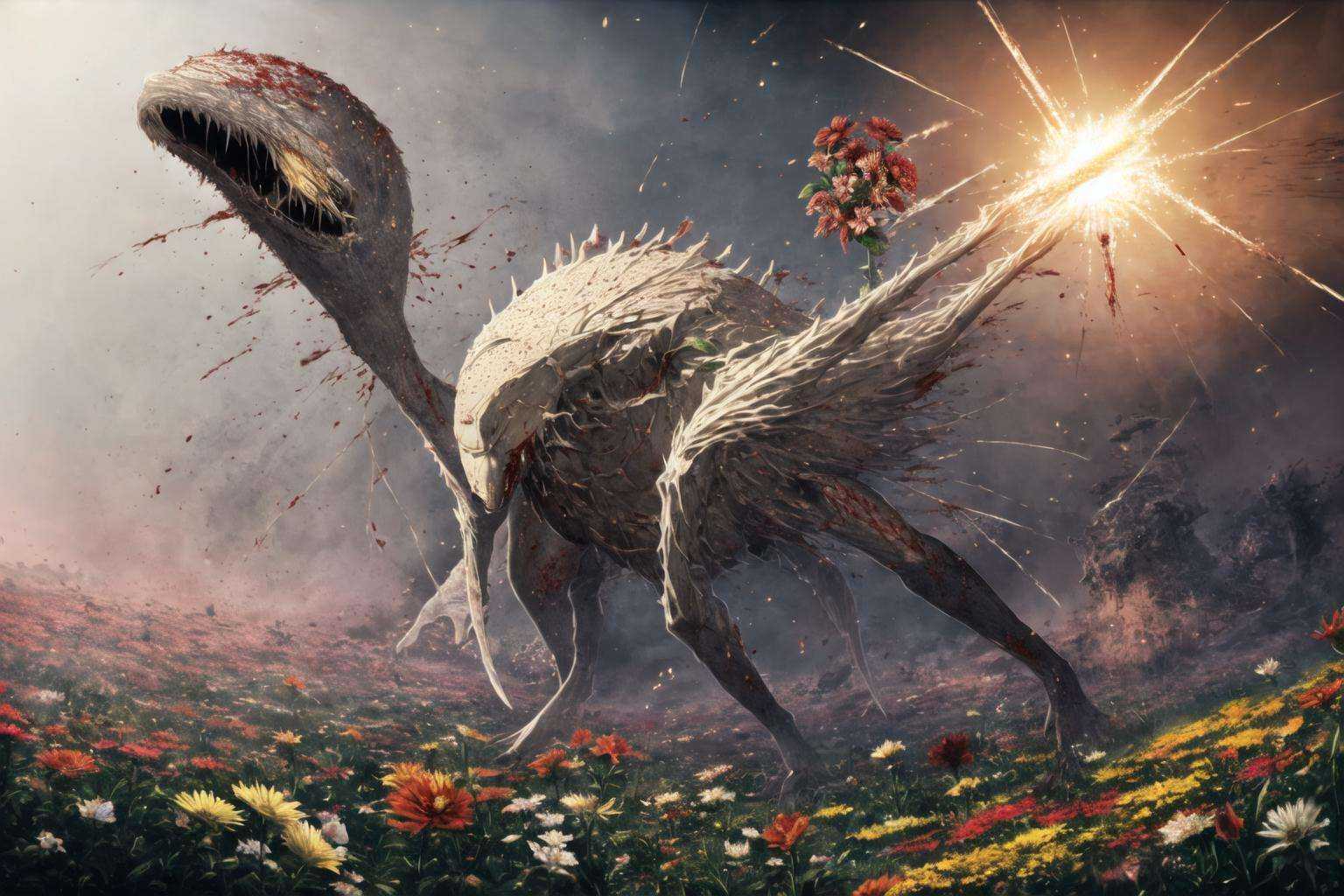 (masterpiece:1), (best quality:1),creature, full body, (sacred:1.25),(defined:1.1),(blast:1.1),(bleeding wound:1.25), (flowers:1.15), (orbiting:1.1),(titan:1.2)