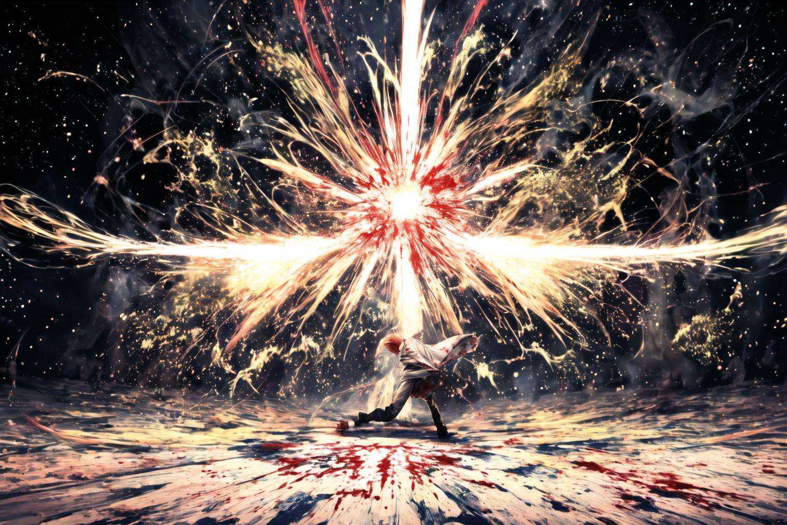 (masterpiece:1), (best quality:1),1boy, very wide shot, (virtue:1.1),(blast:1.1),(abstract:1.25),robe, (attacking:1.25), (particles:1.2),(bleeding wound:1.25)