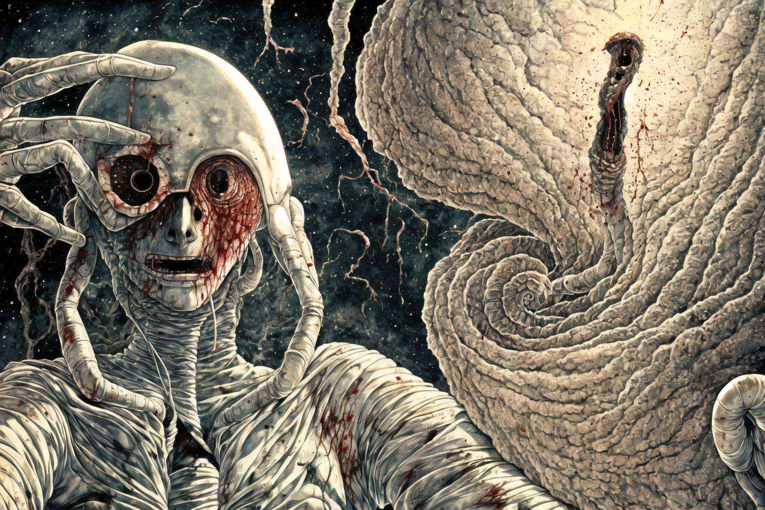 (masterpiece:1), (best quality:1),scenery, upper body, (expressive:1.25),(bleeding wound:1.25),(extraterrestrial:1.25),(elemental:1.25), spiral, (virtuous:1.15),high contrast