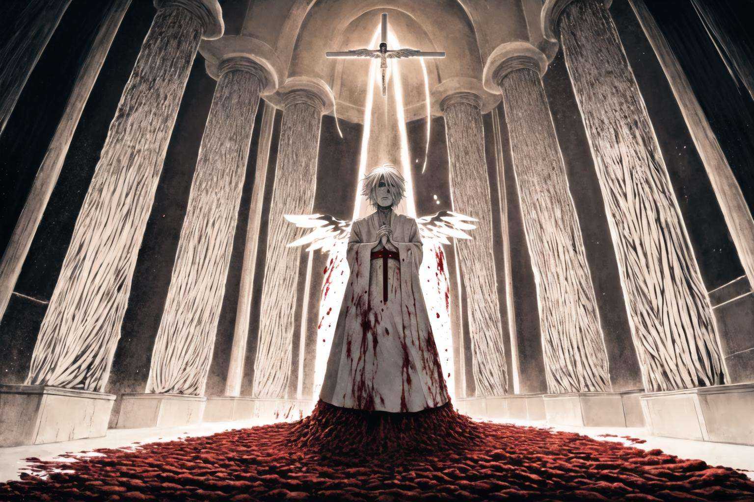 (masterpiece:1), (best quality:1),1boy, wide shot, (bleeding:1.25),(flourishing:1.25),(lifeless:1.25),(angelic:1.25), (horror:1.25), (sacred:1.25),(sacred:1.25)