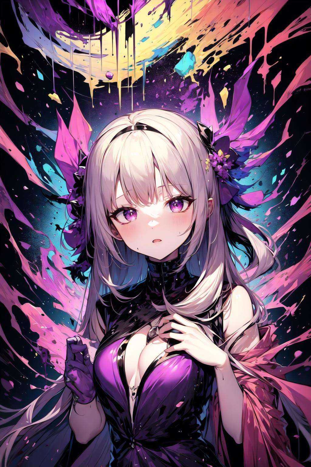 (masterpiece), best quality, 1girl, upper body, olis, robe, (purple theme, abstract:0.95) <lora:S12 v4 e0.6_28800:0.75>