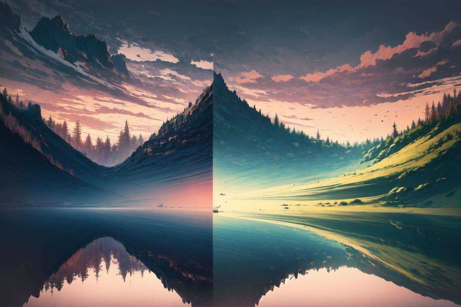 (masterpiece), best quality, landscape, scenery, landscape with Symmetry, abstract <lora:S12 v4 e0.6_28800:0.75>