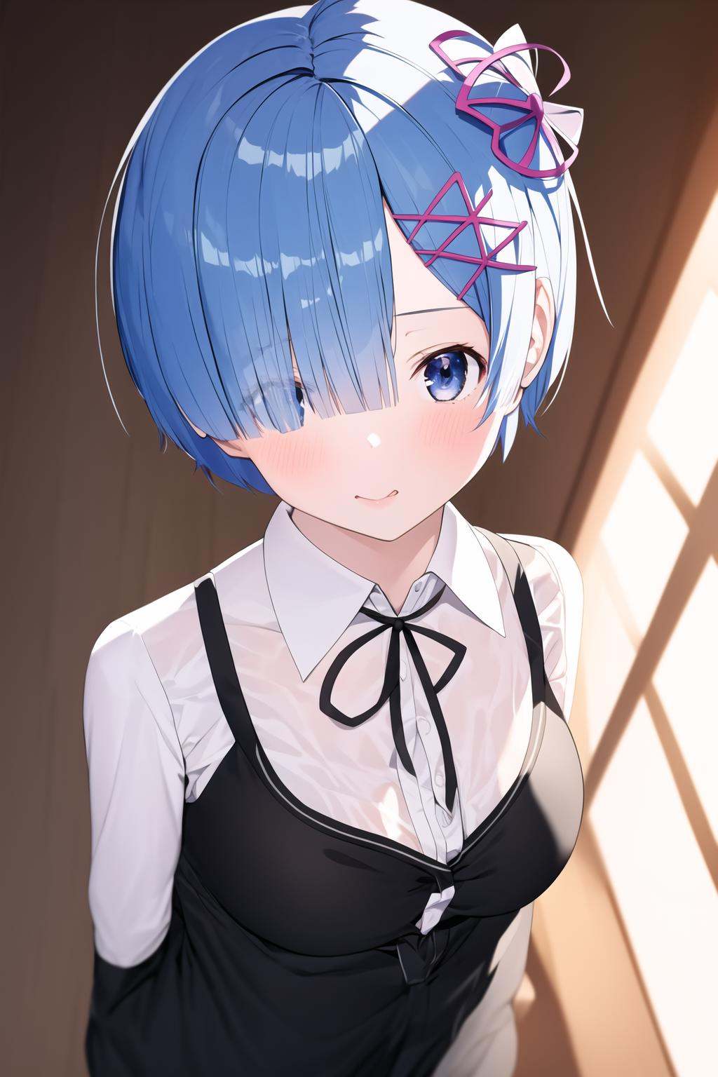 masterpiece, best quality, rem, 1girl, collared shirt <lora:Rembooru_789677:1>