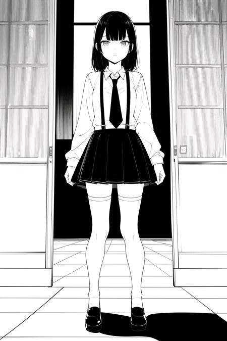 masterpiece, best quality, 1girl, solo, black hair, medium hair, blunt bangs, petite, expressionless, white legwear, thighhighs, suspender skirt, white shirt, black skirt, full body, school, mary janes, night, dark, shadow, indoors, lineart, monochrome, <lora:animeoutlineV4_16:1>