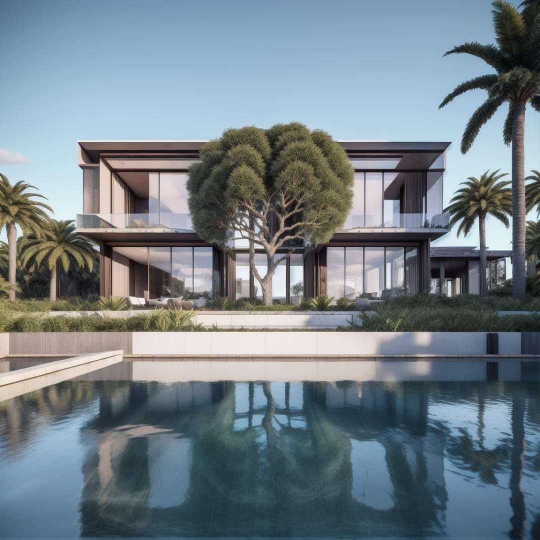 (masterpiece),(high quality), best quality, real,(realistic), super detailed, (full detail),(4k),8k,no humans, scenery, tree, reflection, plant, sky, building, outdoors, palm tree, window, water, cloud, reflective water, potted plant <lora:XSArchi_109PoolHouse泳池独栋正视角:1>