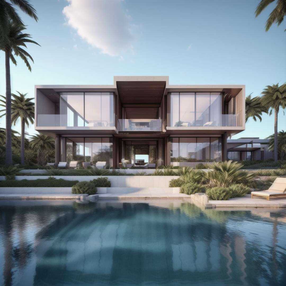 (masterpiece),(high quality), best quality, real,(realistic), super detailed, (full detail),(4k),8k,no humans, scenery, tree, reflection, plant, sky, building, outdoors, palm tree, window, water, cloud, reflective water, potted plant <lora:XSArchi_109PoolHouse泳池独栋正视角:1>