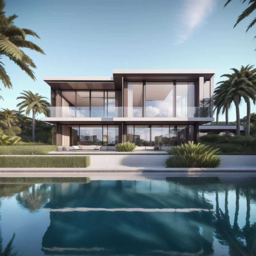 (masterpiece),(high quality), best quality, real,(realistic), super detailed, (full detail),(4k),8k,no humans, scenery, tree, reflection, plant, sky, building, outdoors, palm tree, window, water, cloud, reflective water, potted plant <lora:XSArchi_109PoolHouse泳池独栋正视角:1>