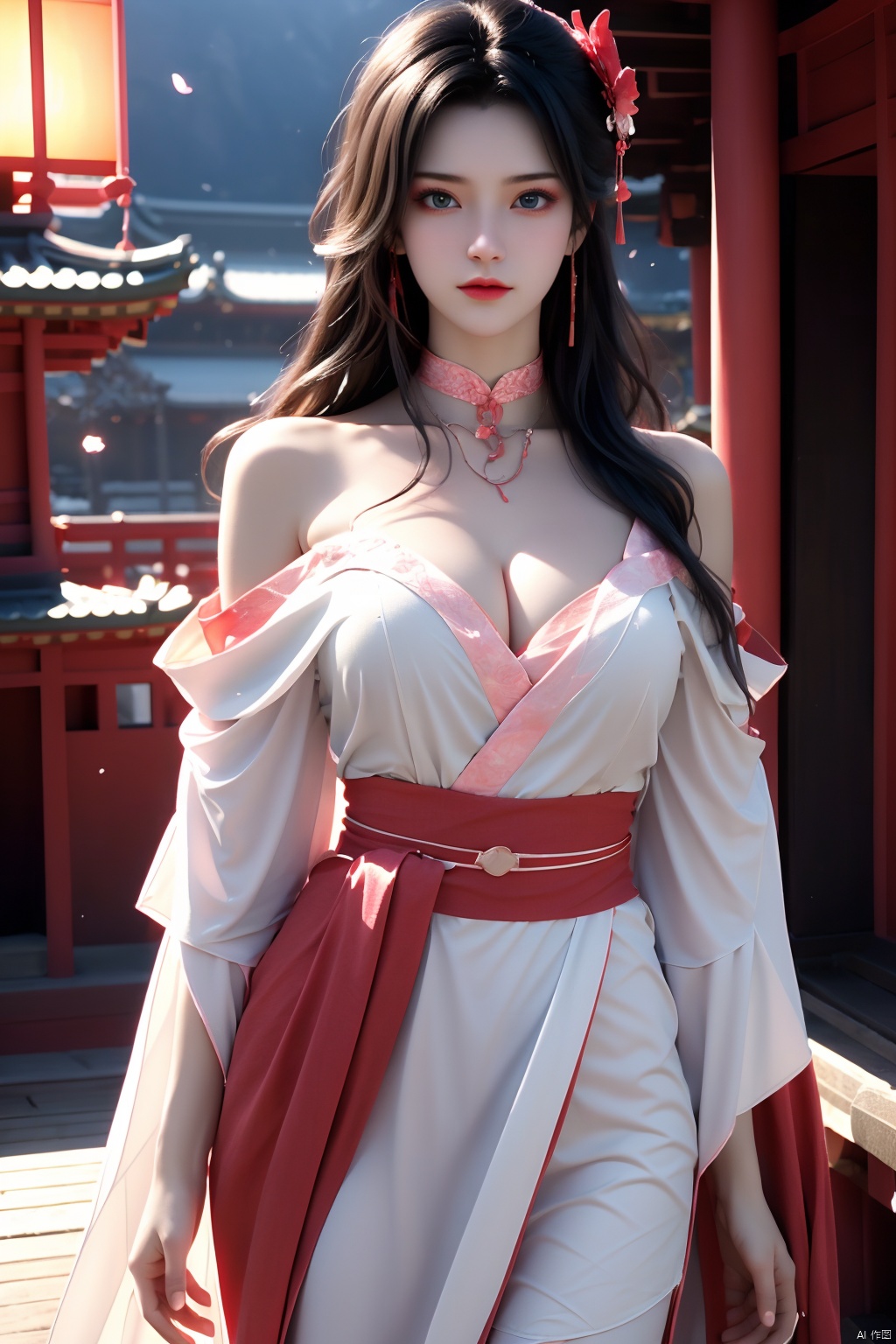  Masterpiece, Ultimate, 1Girl, Solo, Complex Details, Color Differences, Realistic, (Moderate Breath), Off Shoulder, Eightfold Goddess, Pink Long Hair, Red Headwear, Kimono, Red Highlight, Hair Above One Eye, Green Eyes, Earrings, Sharp Eyes, Perfect Fit, Choker, Dim Lights, Hutong, Looking at the Audience, (Sharp, Attractive, and Charming), (Cherry Blossom Background), ((Background of Japanese temples), (Background of night light)), yunyun_(yunyun), depth of field