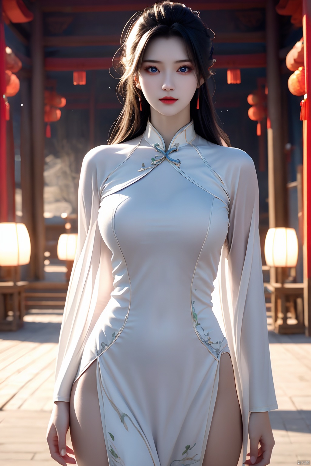  1girl,fair_skin,shiny_skin,white_marble_glowing_skin,curvy,long hair,makeup,flower-shaped pupils,big breasts,china_dress,print_cheongsam,chinese_style,huge filesize,wallpaper,real,available light,reality,realistic,simple_background, 1girl,moyou, yunyun_(yunyun)