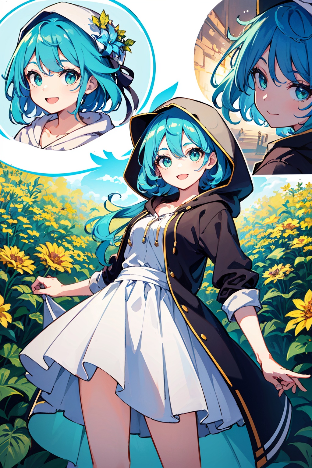 (cute girl holding a bunch of flowers in a flower garden),  (hoodie,  blue hair on Tensor.Art