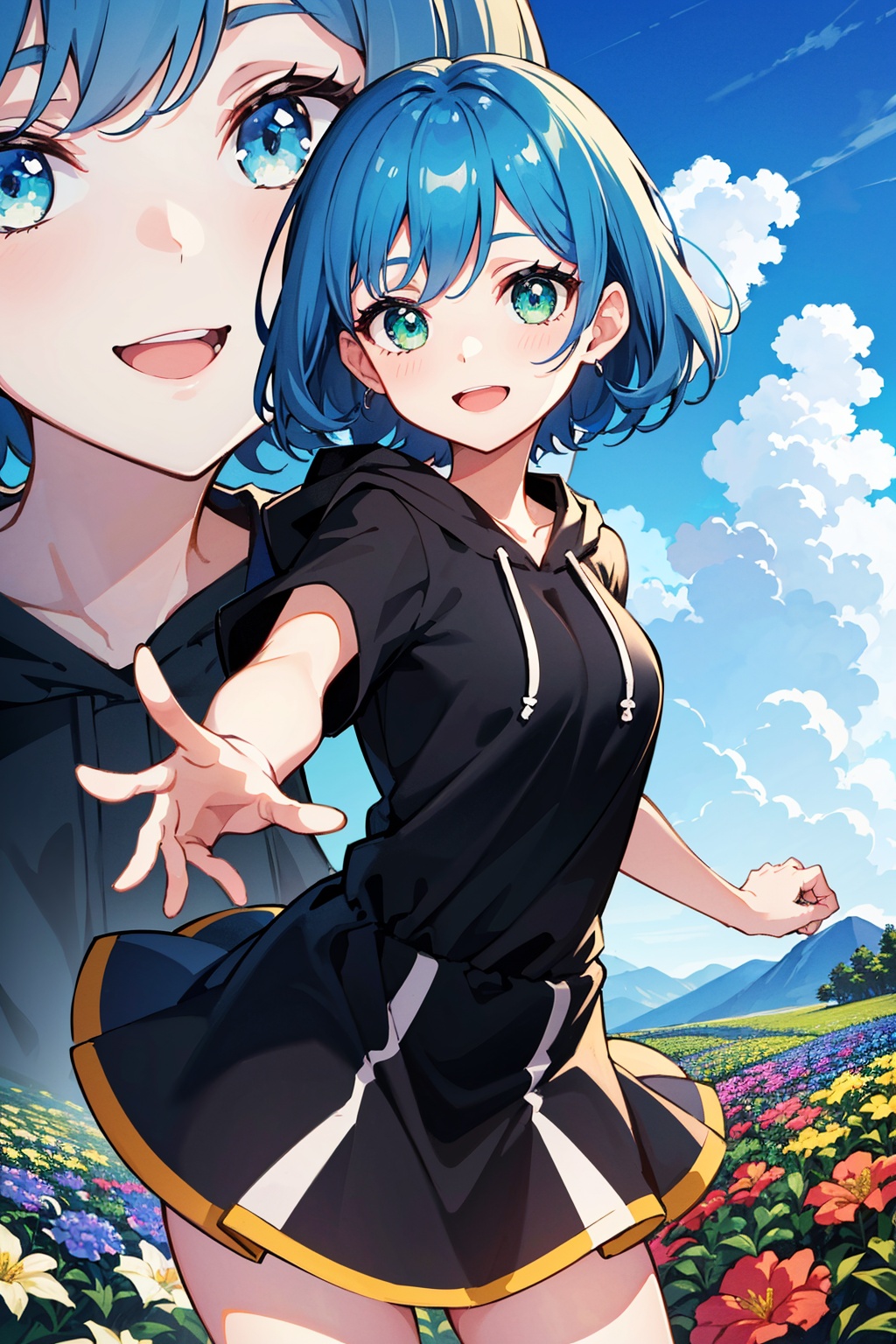 (cute girl holding a bunch of flowers in a flower garden),  (hoodie,  blue hair on Tensor.Art