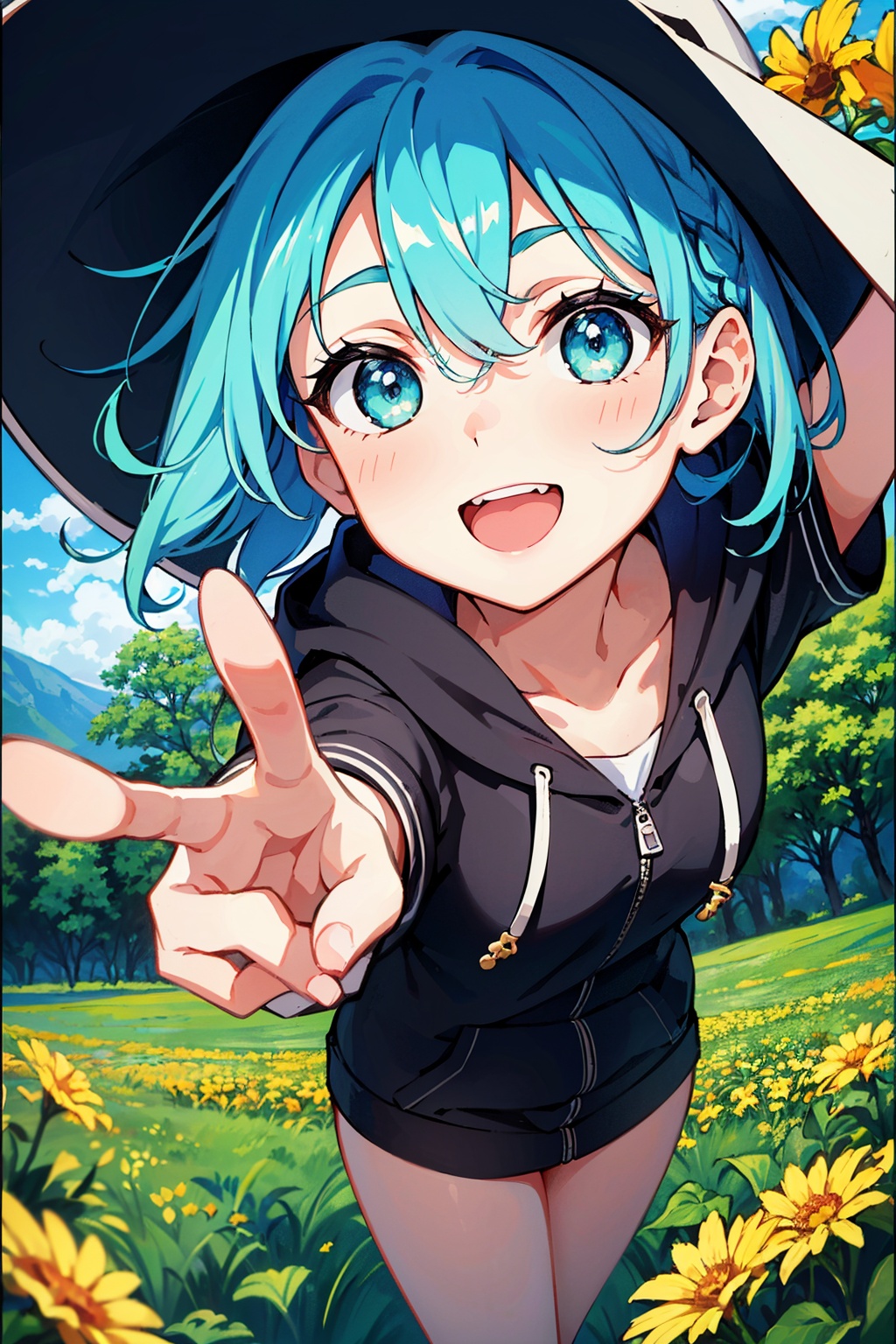 (cute girl holding a bunch of flowers in a flower garden),  (hoodie,  blue hair on Tensor.Art