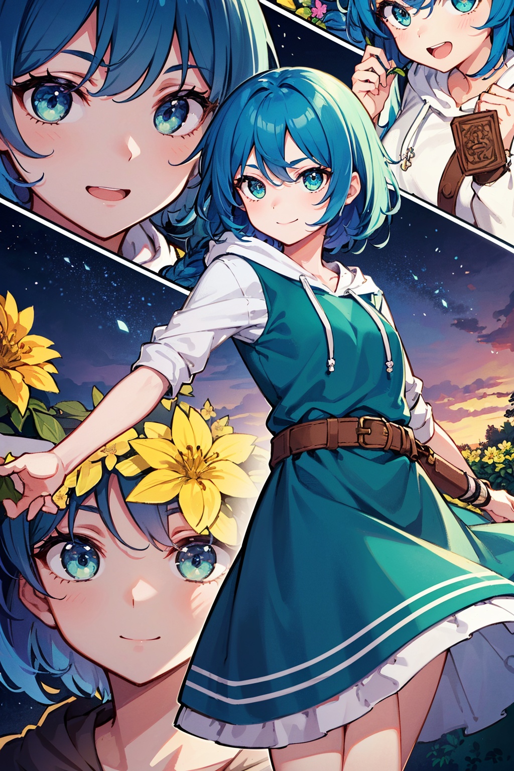 (cute girl holding a bunch of flowers in a flower garden),  (hoodie,  blue hair on Tensor.Art