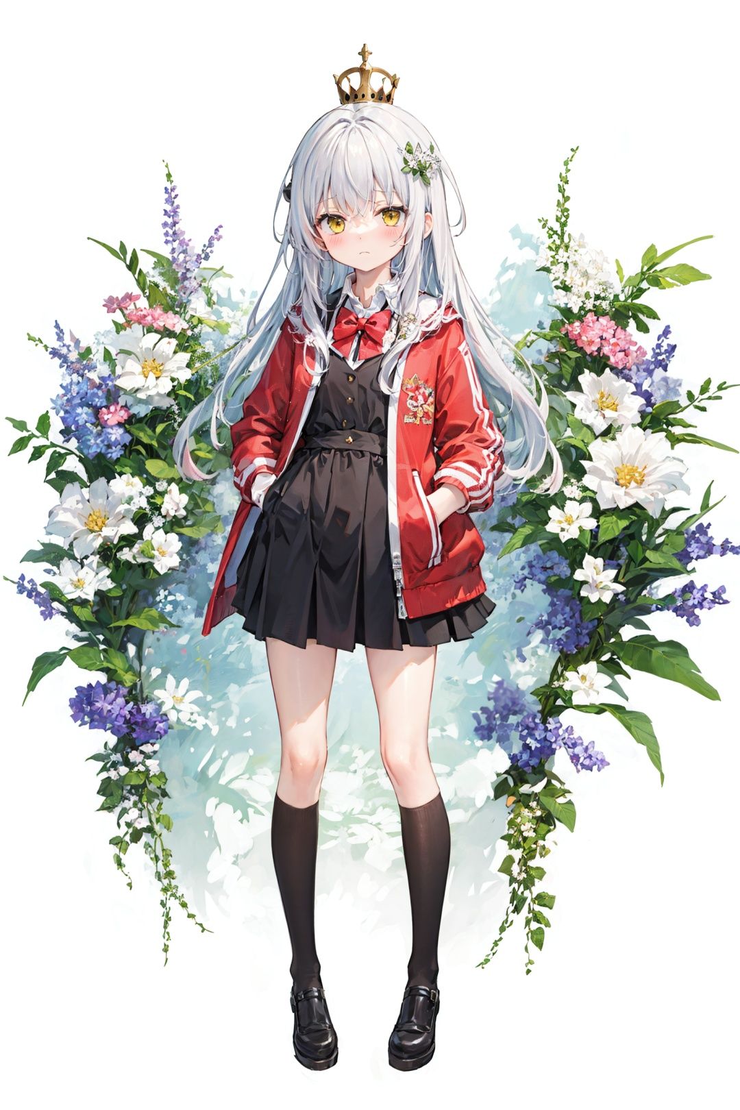  (best quality), ((masterpiece)), (highres),standing,original, extremely detailed wallpaper,crown,(an extremely delicate and beautiful),(loli),(petite),white hair,Yellow eyes, (red Jacket),white collared shirt,hair flower,fipped hair,floating hair,Frown,hands in pockets,black dress,red bowtie,(solo),cozy anime,houtufeng