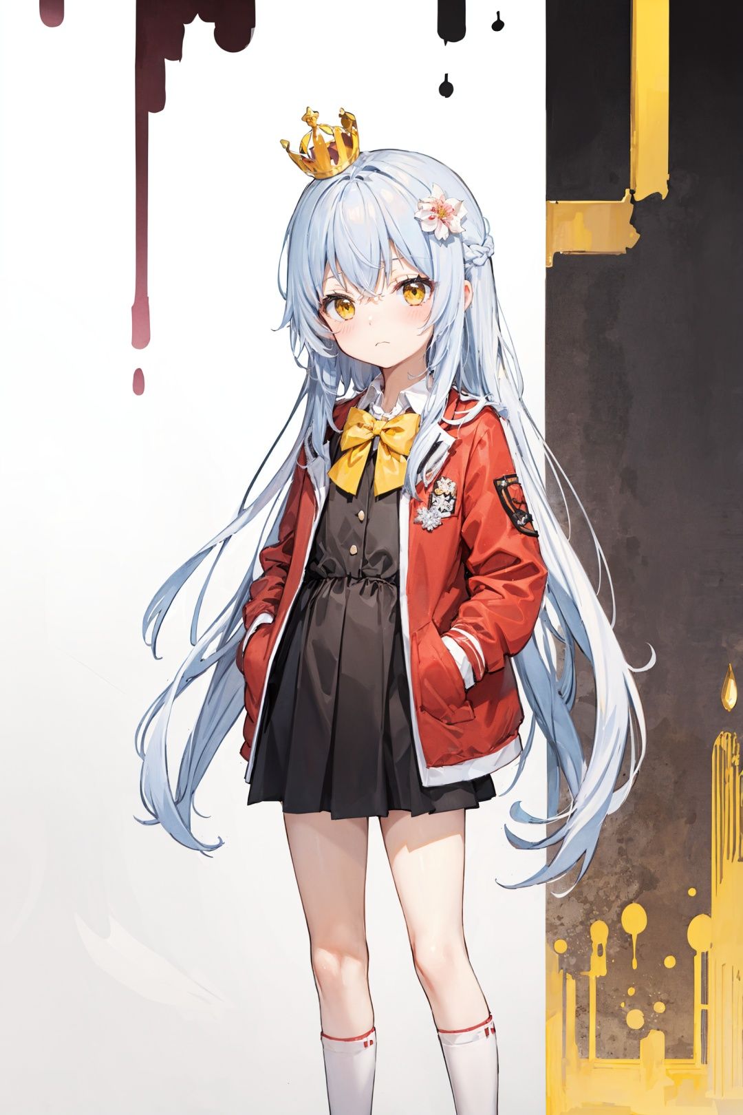 (best quality), ((masterpiece)), (highres),standing,original, extremely detailed wallpaper,crown,(an extremely delicate and beautiful),(loli),(petite),white hair,Yellow eyes, (red Jacket),white collared shirt,hair flower,fipped hair,floating hair,Frown,hands in pockets,black dress,red bowtie,(solo),cozy anime,houtufeng