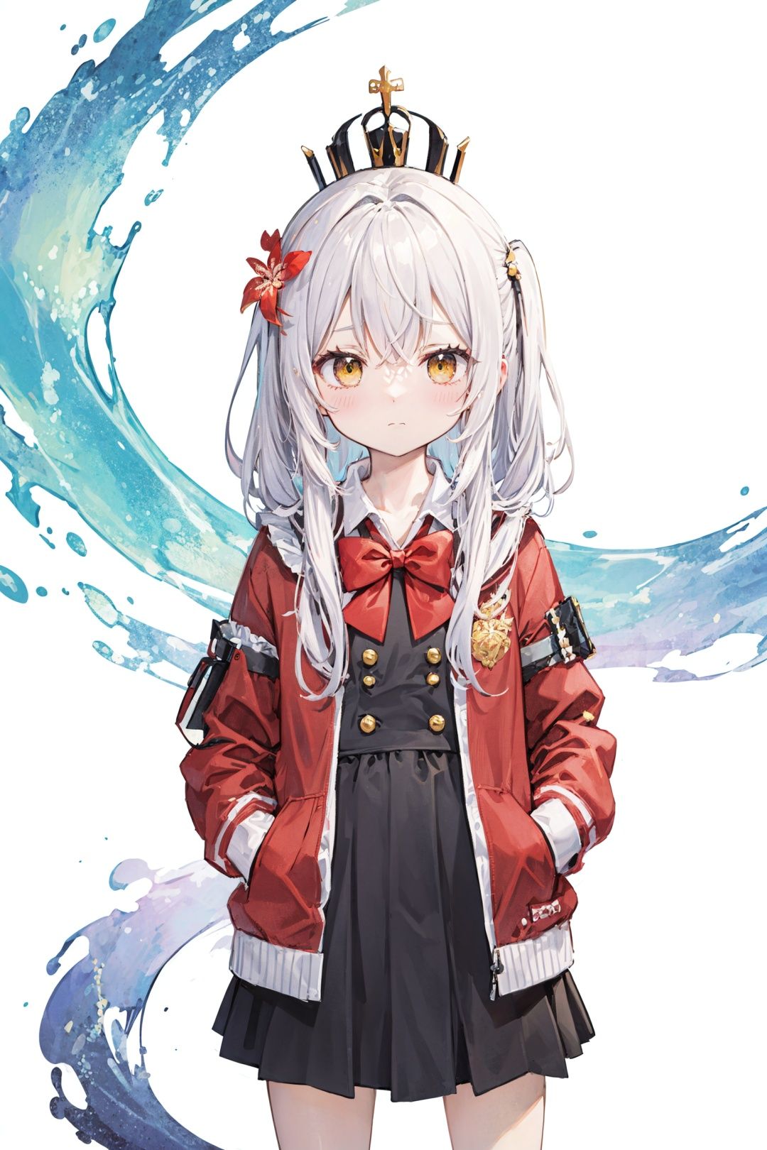  (best quality), ((masterpiece)), (highres),standing,original, extremely detailed wallpaper,crown,(an extremely delicate and beautiful),(loli),(petite),white hair,Yellow eyes, (red Jacket),white collared shirt,hair flower,fipped hair,floating hair,Frown,hands in pockets,black dress,red bowtie,(solo),cozy anime,houtufeng
