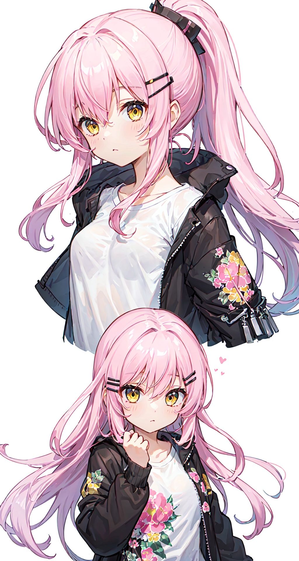 [(white background:1.4)::10], [(Lake and forest background:1.2):5]+++(databook:1.4), (concept art:1.2),(double v:1.2),+++++masterpiece,loli,(petite:1.2),high ponytail,medium breast,(panorama:1.2),caustics,best quality,beautiful detailed eyes,(pink hair),wavy hair,disheveled hair, messy hair, long bangs, hairs between eyes, extremely detailed, floating hair,solo, best quality, masterpiece, highres, original, extremely detailed wallpaper,{an extremely delicate and beautiful}++++loose clothes,(white t-shirt:1.4),(black open jacket:1.2),++hairclip+/*/*/*++(floral print:1.2)+/*/*/*+++yellow eyes, {beautiful eyes},solo,