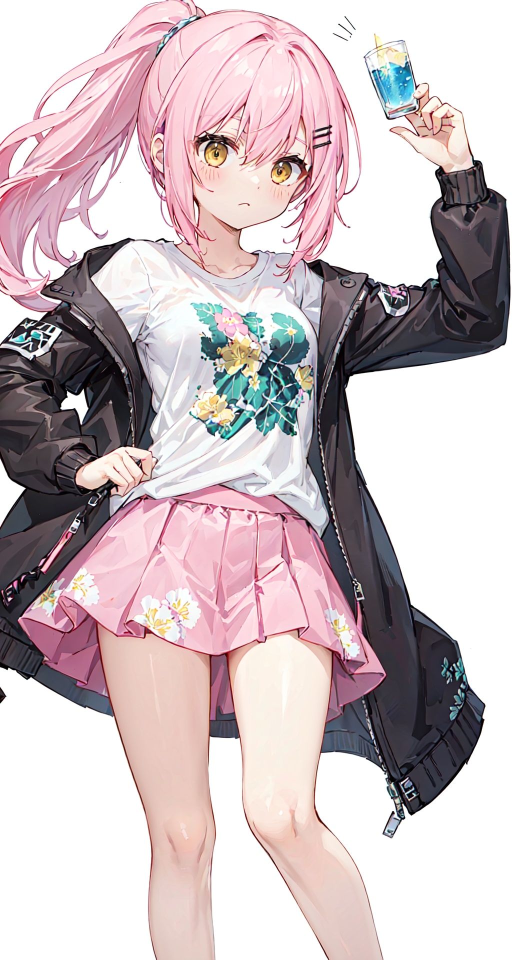 [(white background:1.4)::10], [(Lake and forest background:1.2):5]+++(databook:1.4), (concept art:1.2),(double v:1.2),+++++masterpiece,loli,(petite:1.2),high ponytail,medium breast,(panorama:1.2),caustics,best quality,beautiful detailed eyes,(pink hair),wavy hair,disheveled hair, messy hair, long bangs, hairs between eyes, extremely detailed, floating hair,solo, best quality, masterpiece, highres, original, extremely detailed wallpaper,{an extremely delicate and beautiful}++++loose clothes,(white t-shirt:1.4),(black open jacket:1.2),++hairclip+/*/*/*++(floral print:1.2)+/*/*/*+++yellow eyes, {beautiful eyes},solo,