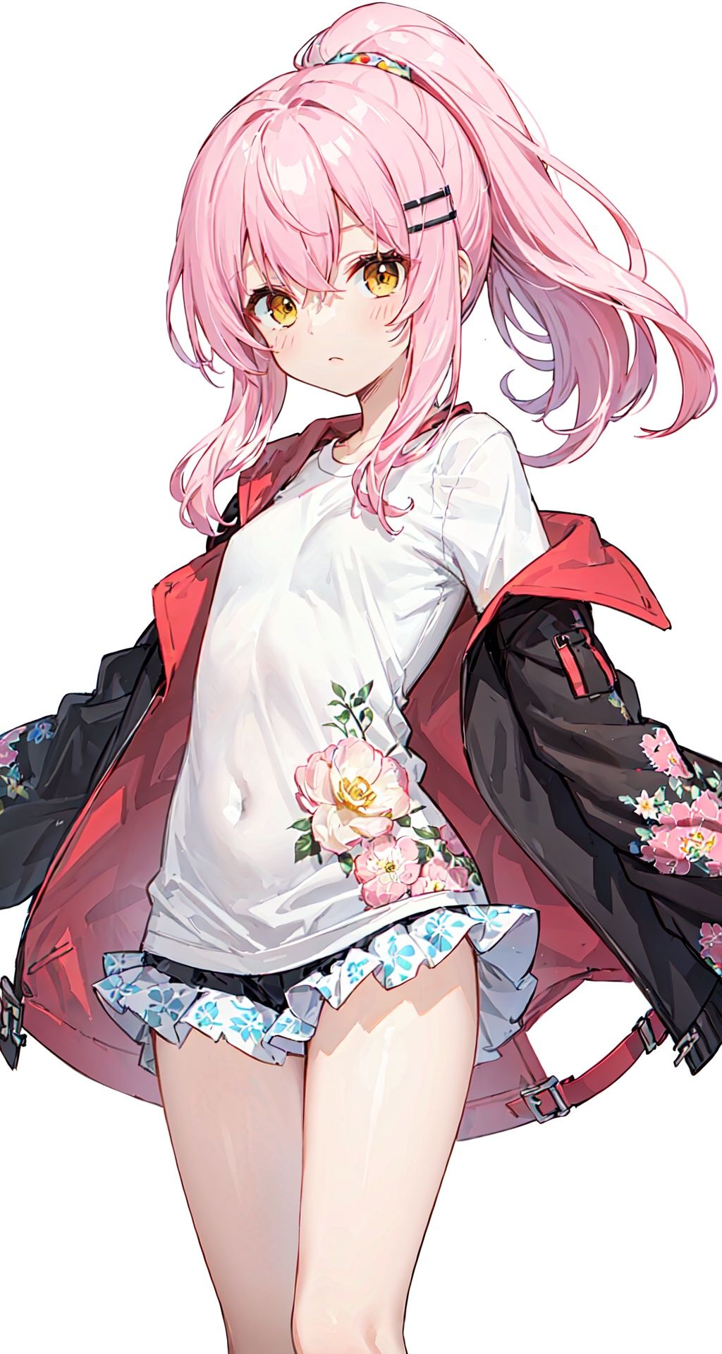 [(white background:1.4)::10], [(Lake and forest background:1.2):5]+++(databook:1.4), (concept art:1.2),(double v:1.2),+++++masterpiece,loli,(petite:1.2),high ponytail,medium breast,(panorama:1.2),caustics,best quality,beautiful detailed eyes,(pink hair),wavy hair,disheveled hair, messy hair, long bangs, hairs between eyes, extremely detailed, floating hair,solo, best quality, masterpiece, highres, original, extremely detailed wallpaper,{an extremely delicate and beautiful}++++loose clothes,(white t-shirt:1.4),(black open jacket:1.2),++hairclip+/*/*/*++(floral print:1.2)+/*/*/*+++yellow eyes, {beautiful eyes},solo,