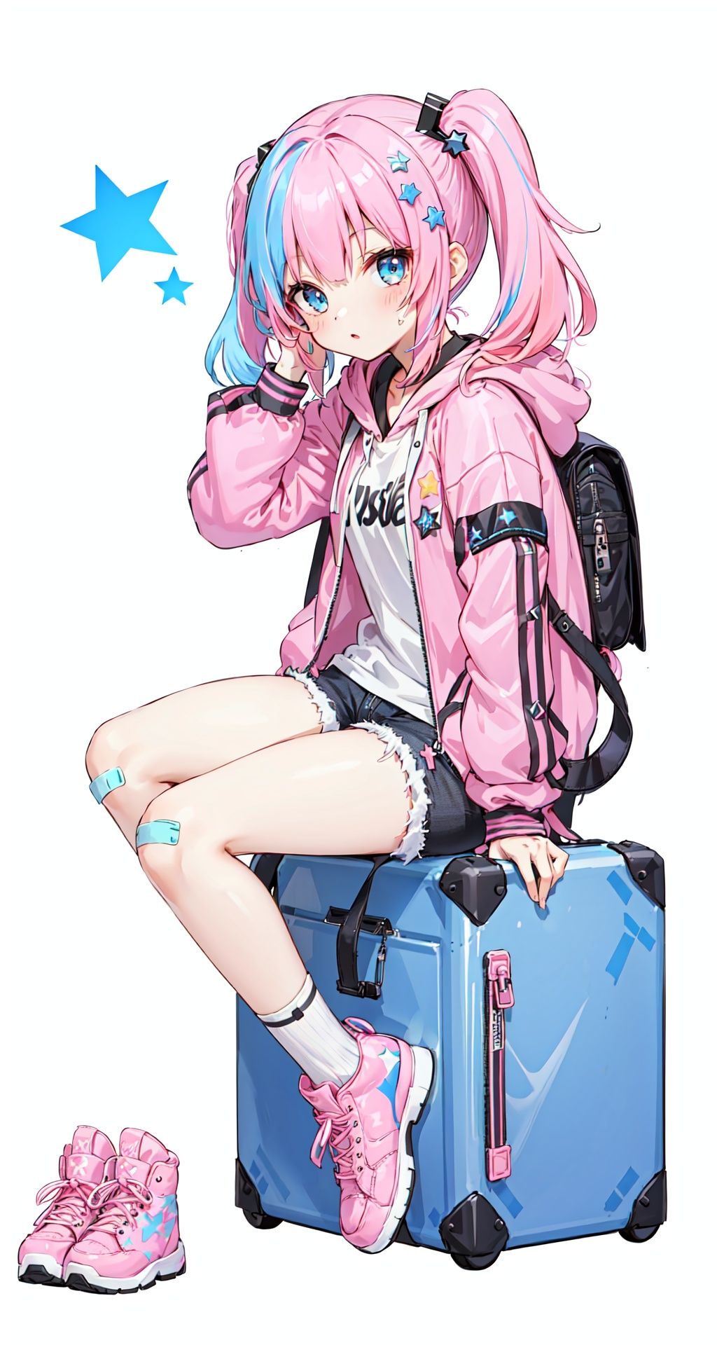 masterpiece, best quality, 8k, cinematic light, ultra high res, chibi, 1girl, bag, backpack, solo, multicolored hair, shorts, star \, (symbol\), blue hair, hood, sitting, pink hair, star hair ornament, head rest, socks, pink footwear, black shorts, hair ornament, full body, boots, bandaid, gradient, twintails, jacket, 