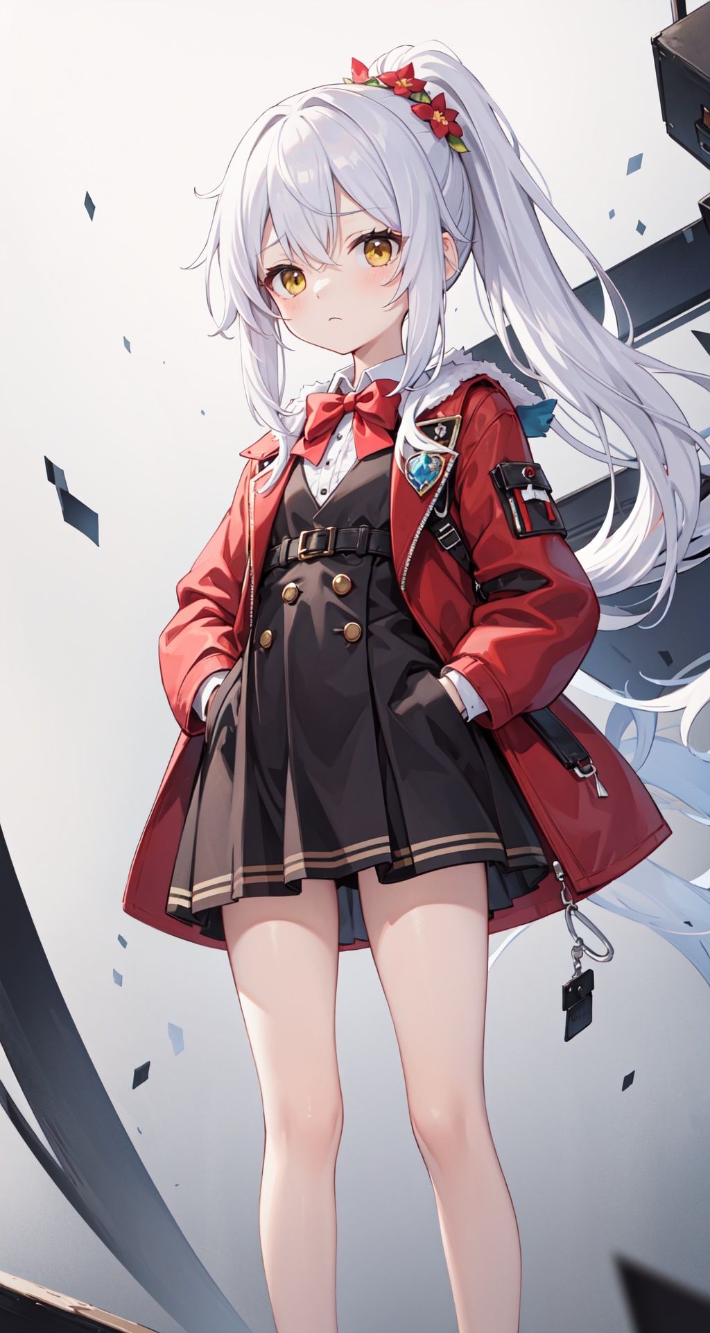 (best quality), ((masterpiece)), (highres),standing,original, extremely detailed wallpaper, (an extremely delicate and beautiful),(loli),(petite),(skindentation:1.2),white hair,Yellow eyes, (red Jacket),high ponytail,white collared shirt,hair flower,fipped hair,floating hair,Frown,hands in pockets,black dress,red bowtie,(solo),flat,cozy anime