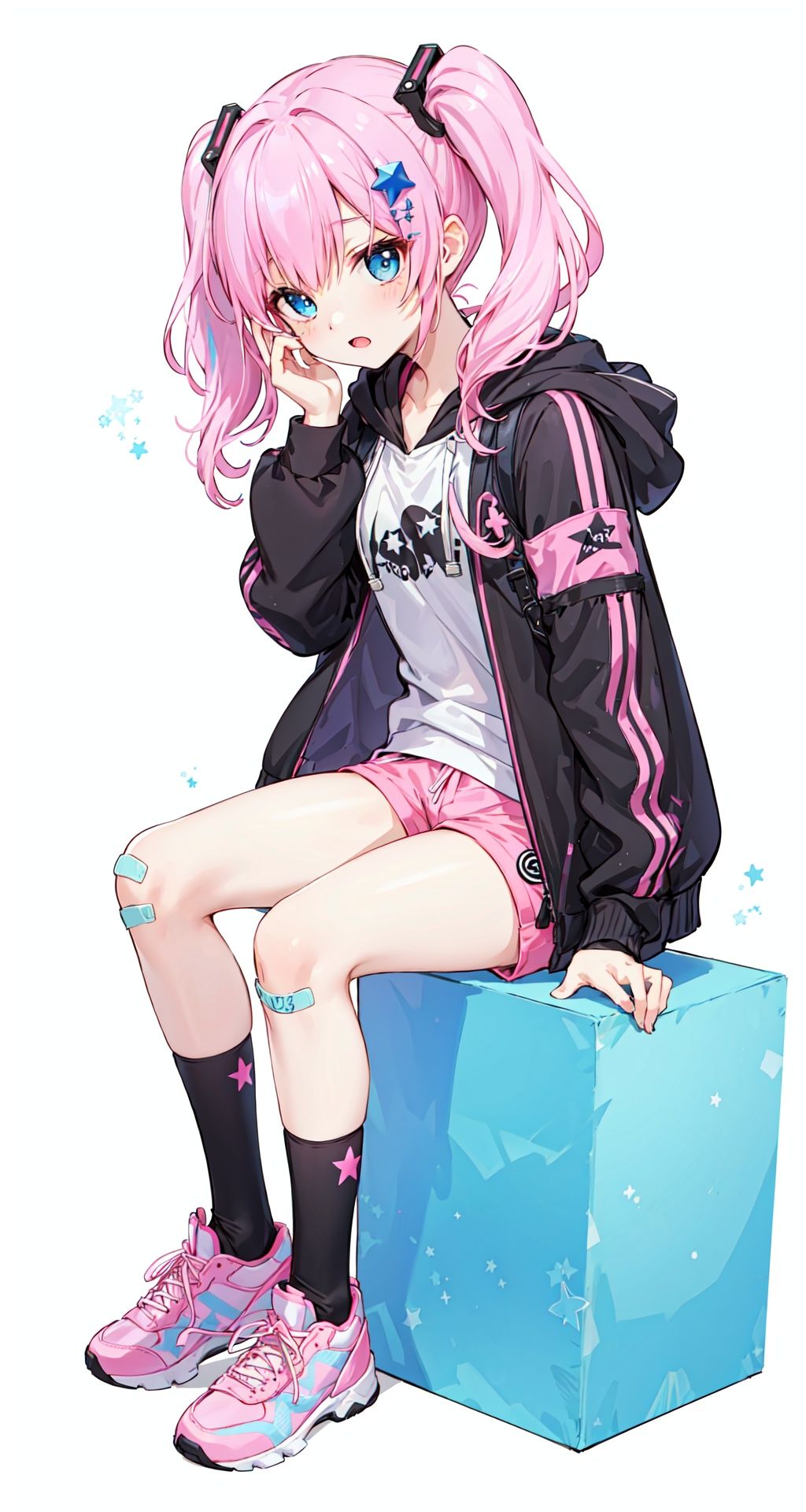 masterpiece, best quality, 8k, cinematic light, ultra high res, chibi, 1girl, bag, backpack, solo, multicolored hair, shorts, star \, (symbol\), blue hair, hood, sitting, pink hair, star hair ornament, head rest, socks, pink footwear, black shorts, hair ornament, full body, boots, bandaid, gradient, twintails, jacket, 