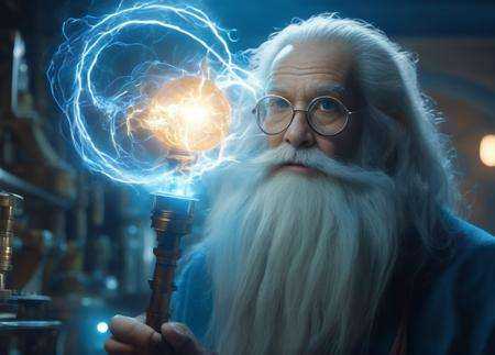 a crazy old scientist with a long white beard holding a blue light,  still from a fantasy movie,  cg artist on Tensor.Art