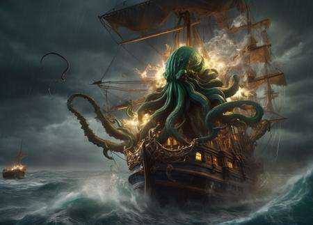 realistic,  cthulhu rising from the sea in a storm smashing a pirate ship,  intricately detailed on Tensor.Art