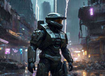 realistic,  ODST from Halo in a ruined cyberpunk city,  portrait on Tensor.Art