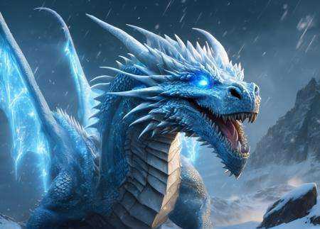 realistic, Ice Dragon, desolate, intricately detailed, artistic lightning, particles, beautiful, amazing, highly detailed, digital art, sharp focus, trending on art station,