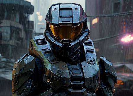 realistic,  ODST from Halo in a ruined cyberpunk city,  portrait on Tensor.Art