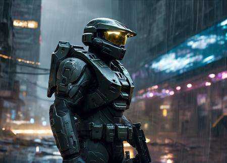 realistic,  ODST from Halo in a ruined cyberpunk city,  portrait on Tensor.Art