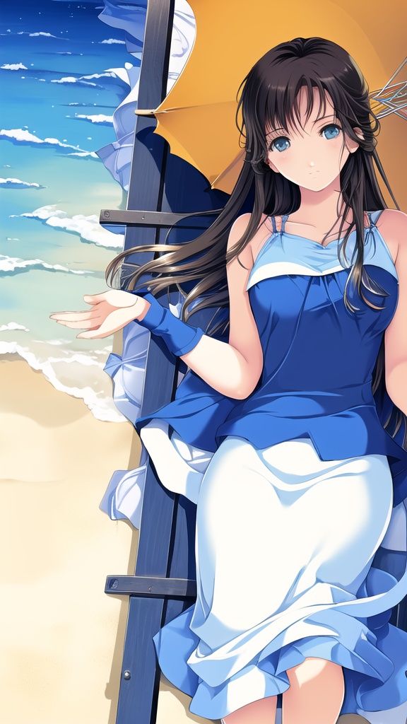 (masterpiece_1.2), best quality,(PIXIV_1.2),Line drawings，illustration，Original painting，Summer, sun umbrella, beach, sea, beach chair, sun mirror, blue sky and white clouds,Beautiful scene,best quality, highly detailed, masterpiece, ultra-detailed, an extremely delicate and beautiful girl, full body,( lie;1.3), 8k wallpaper, beautiful detailed starry sky, an extremely delicate and beautiful, starry detailed water, ,1girl<lora:mrzx:0.8>