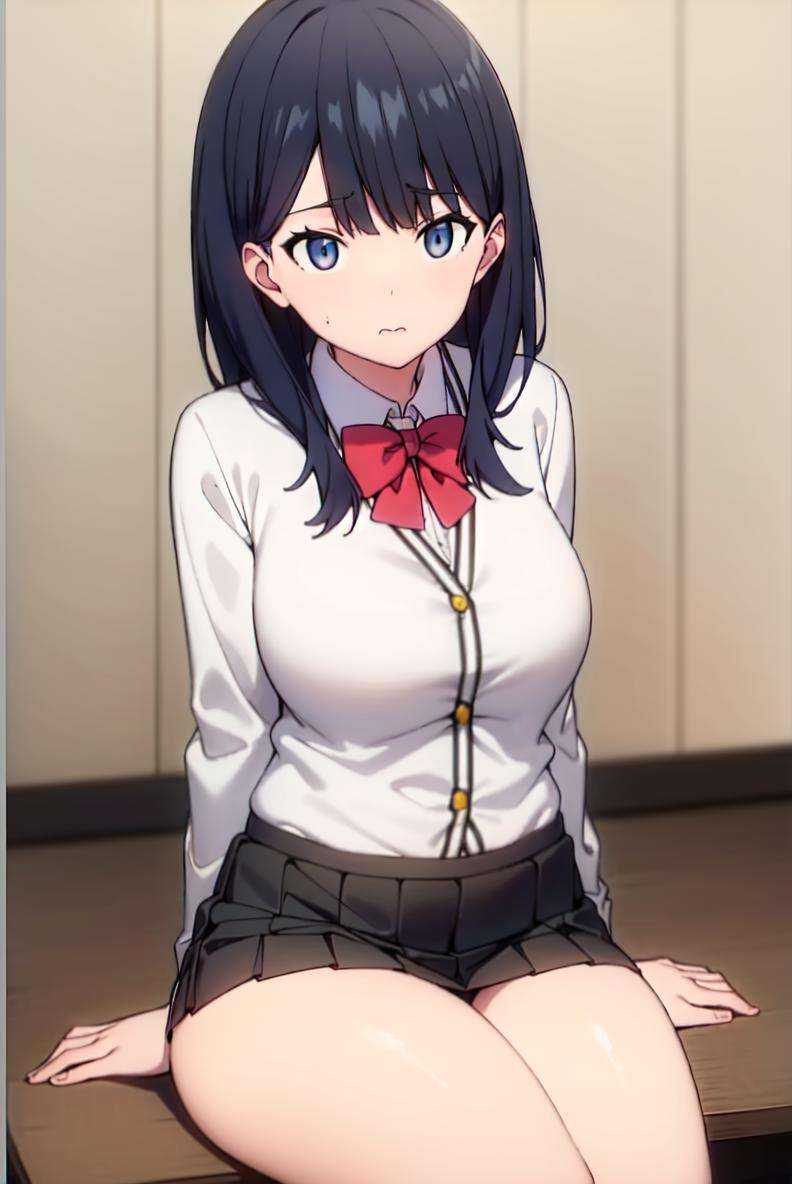 absurdres, takarada rikka,school uniform,cardigan, white shirt, black skirt,red bow,sitting, <lora:ssssGRIDMANTakarada_trV1:0.5>, milf, narrow waist, large hips, skindentation