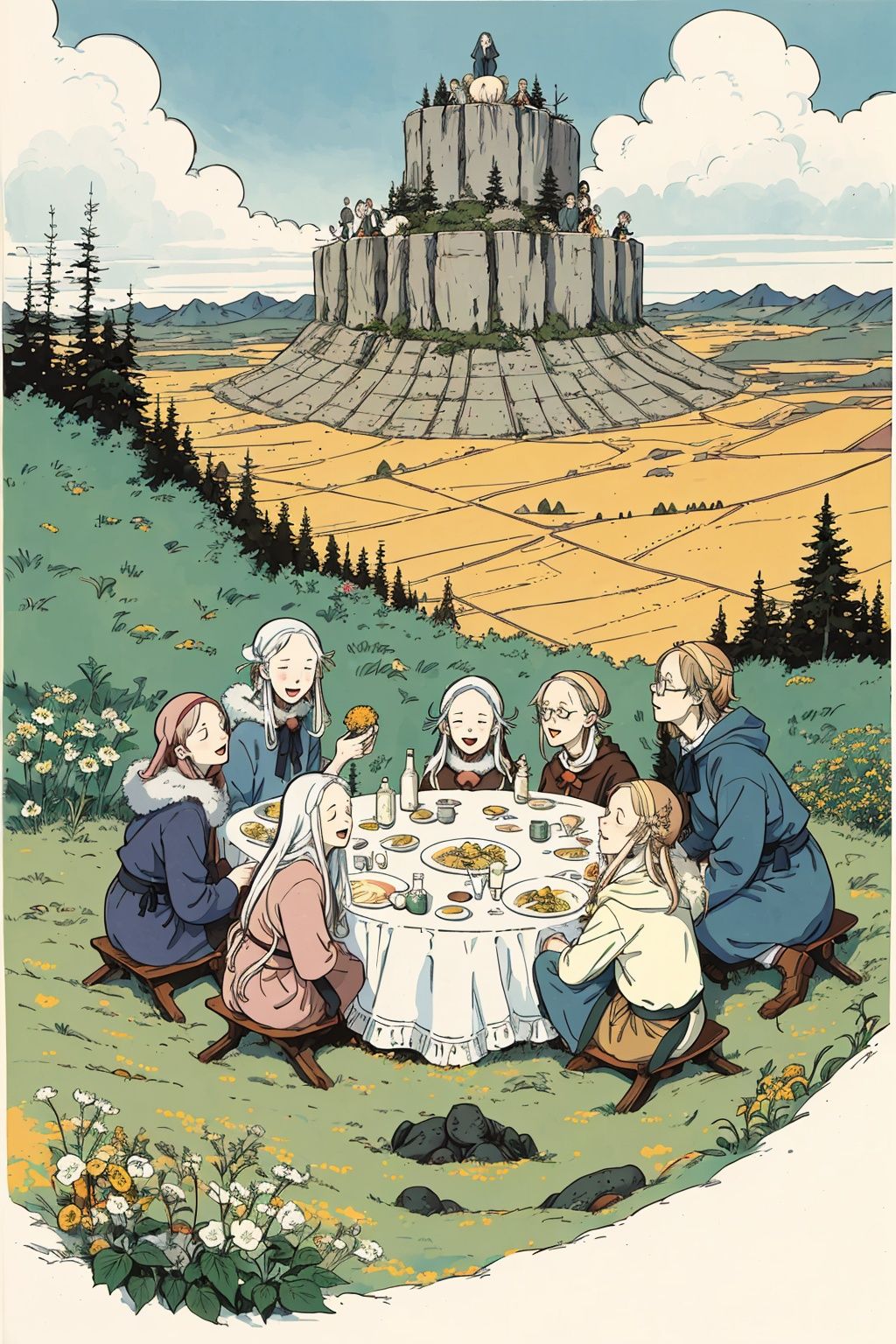 An illustration by Mattias Adolfsson of 6 friends , 3 man and 3 woman, highly detail, UDH, fun, nature,full frame