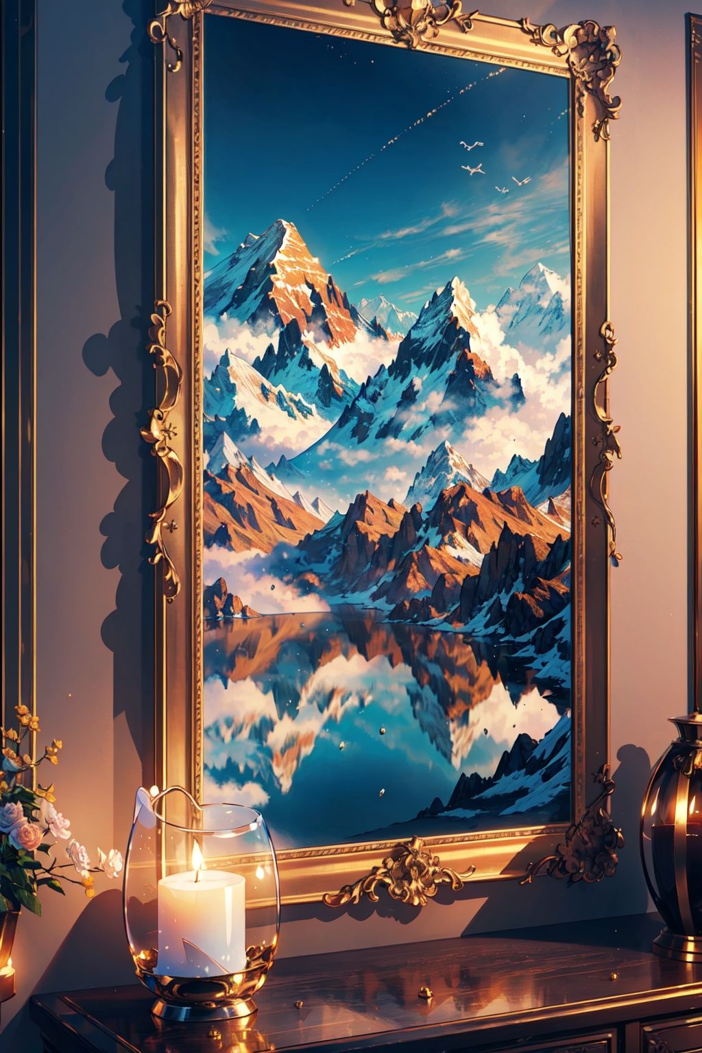 ((extremely detailed CG unity 8k wallpaper,masterpiece, best quality, ultra-detailed)),(mksks),finely detail, Depth of field (bloom),ray tracing,reflection light,floating, picture_frame,Mount Everest, *****, China