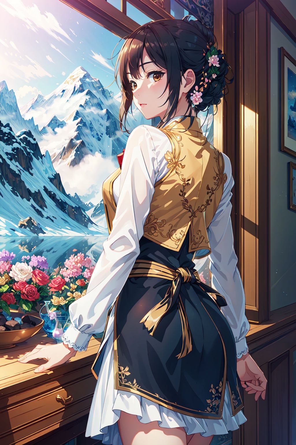 ((extremely detailed CG unity 8k wallpaper,masterpiece, best quality, ultra-detailed)),(mksks),finely detail, Depth of field (bloom),ray tracing,reflection light,floating, picture_frame,Mount Everest, *****, China