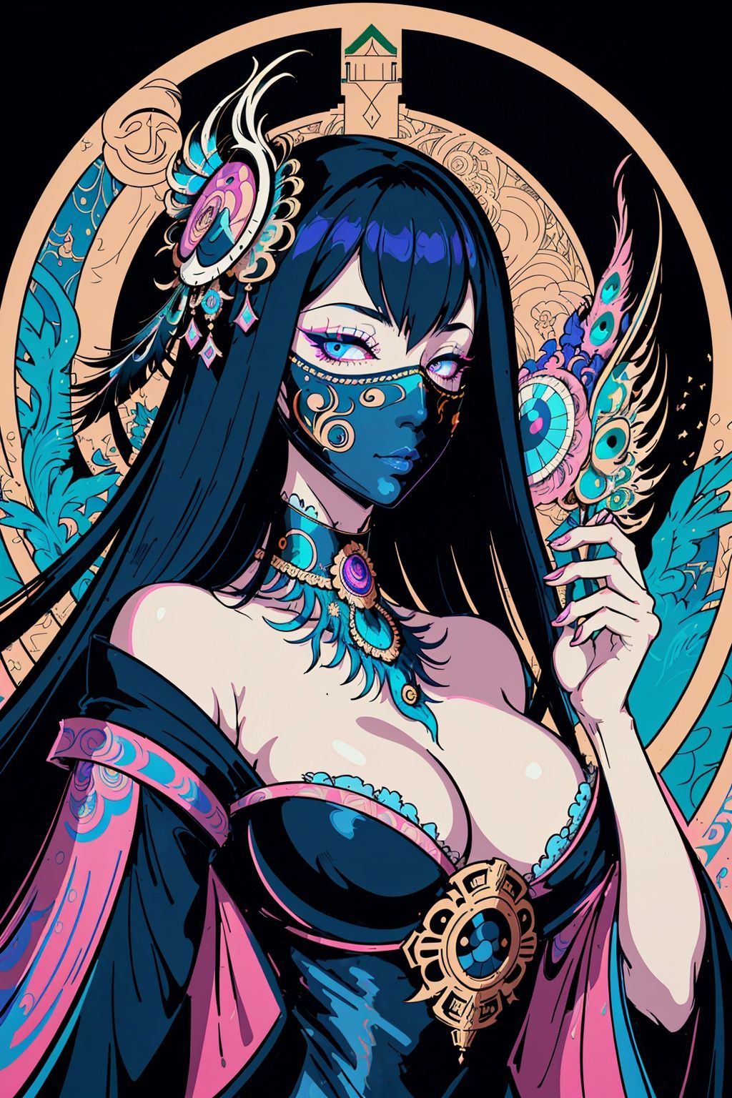 centered detailed portrait of a masked woman wearing a venetian mask, vibrant peacock feathers, intricate, elegant, highly detailed, digital painting, artstation, smooth, sharp focus, illustration, illuminated lines, outrun, vaporware, intricate venetian patterns, cyberpunk darksynth, by audrey kawasaki and ilya kuvshinov and alphonse mucha