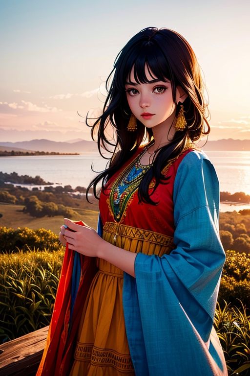(masterpiece:1.4),(best quality:1.4),(ultra-detailed:1.2),high quality,highres,ultra high res,extremely detailed,1girl,bohemian style, flowing dresses, layered clothing, earthy colors, fringe accessories, ethnic prints, natural fabrics, artistic designs,sunset