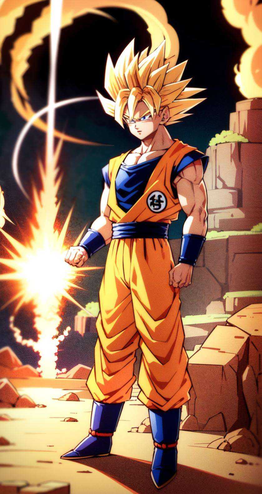 toriyama_akira,  SOn Goku Super Saiyan standing and expanding his power,  1boy on Tensor.Art