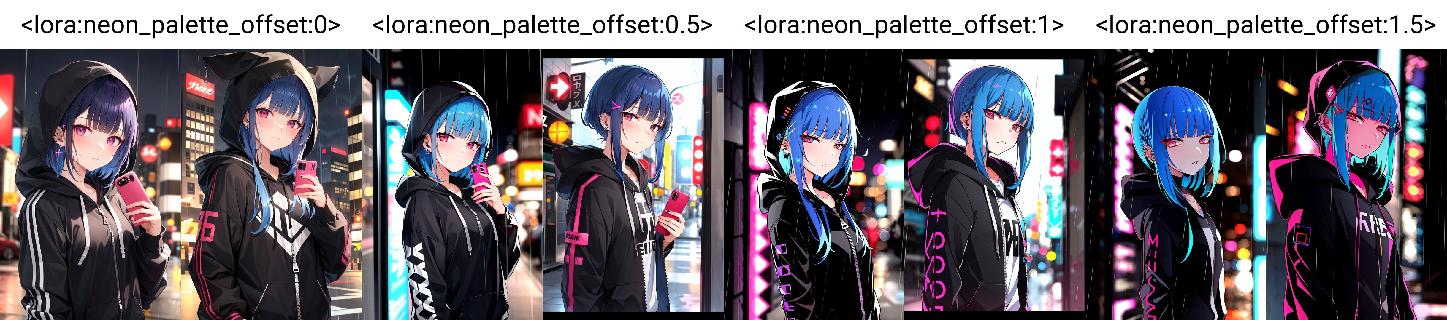 neon palette ,  1girl,  black hoodie on Tensor.Art