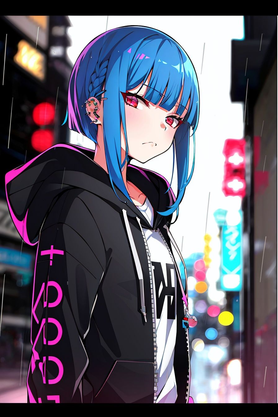 neon palette ,  1girl,  black hoodie on Tensor.Art
