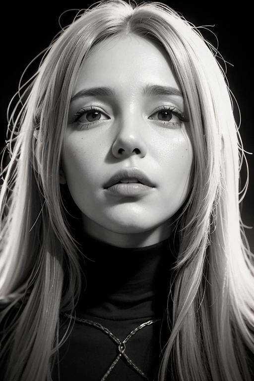 Hyperrealist portrait of female by david hockney and alphonse mucha,  and giger,  black and white painting on Tensor.Art