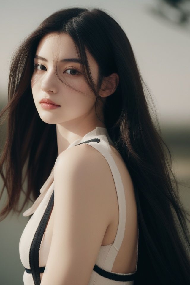 1girl,black_hair,Balenciaga model,looking at viewer,pale skin,blurry_background,realistic,solo,upper_body,,