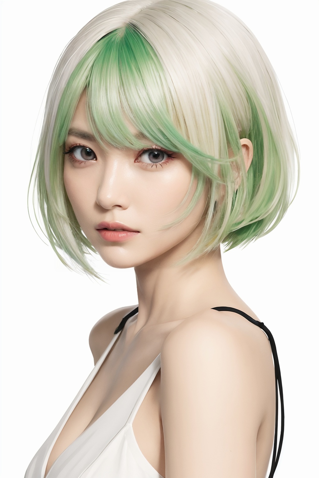  blunt bangs, masterpiece, best quality, best illustration, ultra-detailed, upper body, solo, 1 girl, looking at viewer, upright, arms at sides, beautiful detailed eyes, concept art, white background, simple background, white hair, green gradient hair, expressionless, blush, virtual youtuber, short hair,blonde hair, monkren