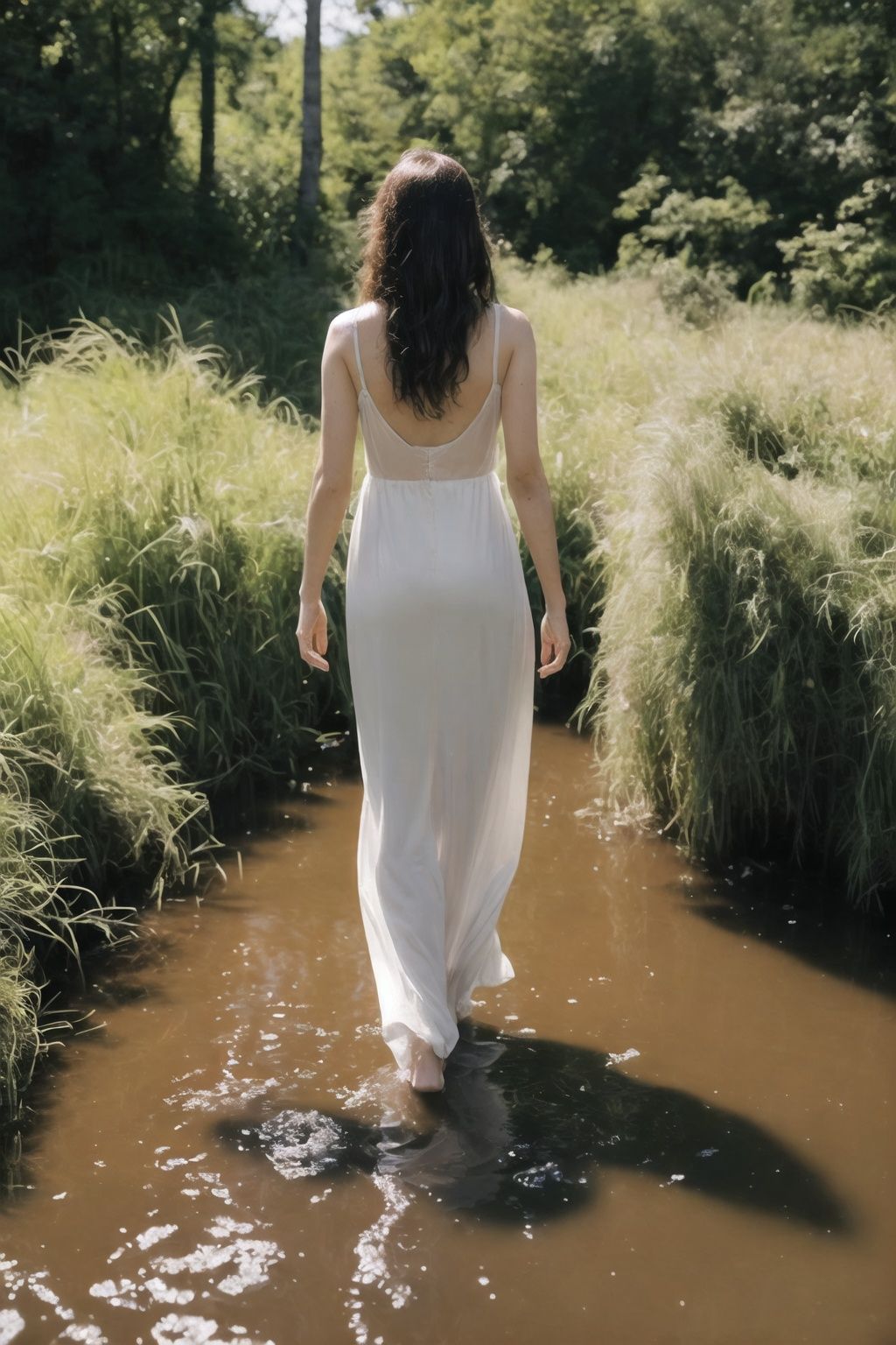 ASCII(RAW photo, best quality), (realistic, photo-realistic:1.3), extremely delicate and beautiful, Amazing, finely detail, masterpiece, ultra-detailed, highres,(best illustration), (best shadow),intricate, The back view of a naked girl, walking to the depths in the swamp, sharp focus, volumetric fog, 8k UHD, DSLR, high quality, (film grain:1.4),Fujifilm XT3,